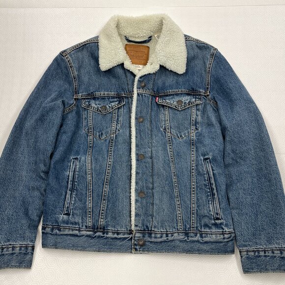 LEVI'S Premium Big E Denim Sherpa Lined Snap Button Front Trucker Jacket Women S - Picture 2 of 14